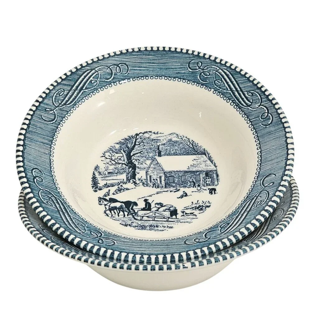 2 Currier Ives Blue Schoolhouse Bowl 6.5" Royal USA pottery country colonial - Picture 2 of 5